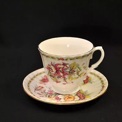 Buy Duchess Cup & Saucer Fine Bone China Fluted Footed Green Magenta Floral W/Gold • 27.97£