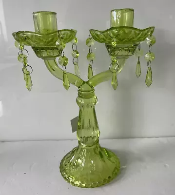 Buy Vintage Green Glass Double Candlestick Bobeche Drip Catcher Pendant Prisms 28cm • 50£