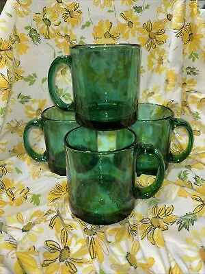 Buy Vintage Emerald Green Glass Mugs Thick Mid-Century Set Of 4 - Made In USA - MINT • 37.72£