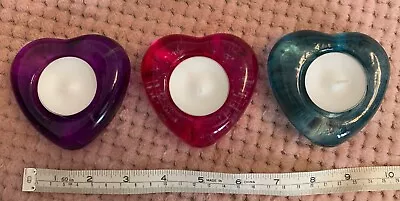 Buy 3 X Heart Tealight Candle Holders, Purple/Pink/Turquoise, Glass • 2£