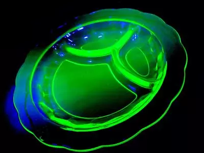 Buy Stunning Art Deco Uranium Green Glass Divided Nibbles Serving Bowl Dish Plate • 23.99£