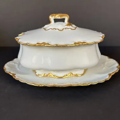 Buy M & C L France Limoge China Gravy Boat Gold Trimmed Scallop Underplate Lidded • 30.18£