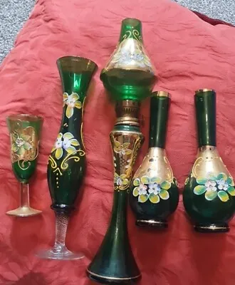 Buy Collection Of Bohemian Czech Green Glass Gold Floral Vintage  • 5£