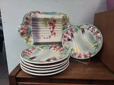 Buy St Clement French Majolica Asparagus Cradle Serving Dish + Six (6) Dinner Plates • 189.75£