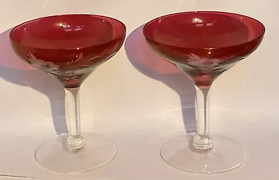 Buy Pair Cranberry Bohemian Cut To Clear Cocktail Cordial Coupe Glasses • 28.76£