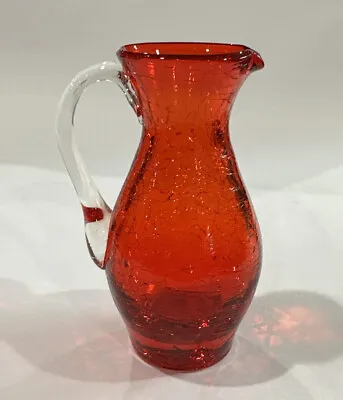 Buy Antique Crackle Glass Pitcher Vase Red Orange With Clear Handle • 10.47£