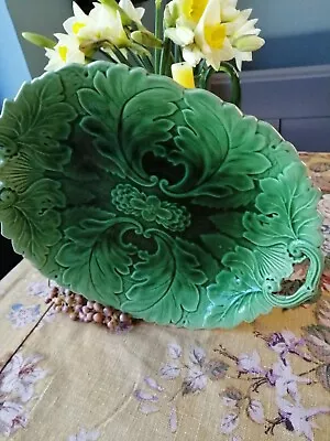 Buy Vintage Antique Green Cabbage Leaf Majolica Large 2-handle Dish Plate • 9.99£
