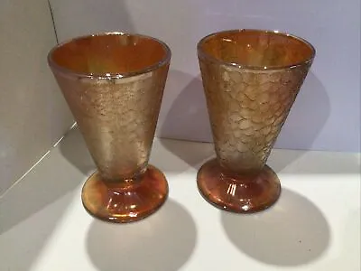 Buy Lot Of 2 Vintage Jeannette Marigold Crackle Carnival Glass Footed Tumblers • 14.23£