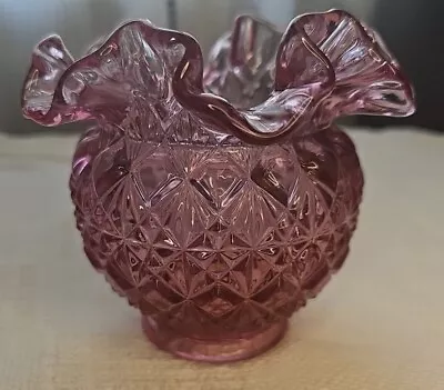 Buy FENTON Vintage Glass Rose Bowl Cranberry PINK Ruffled Edge DIAMOND PATTERN Vase • 20.89£