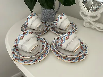 Buy 4 X Gladstone China Trios Tea Cups Saucers Tea Plates Blue Ribbon Flower Garland • 20£