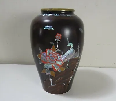 Buy 7  Korean Blackware Pottery Lacquered Brass Vase - Mother Of Pearl & Red Inlay • 118.53£