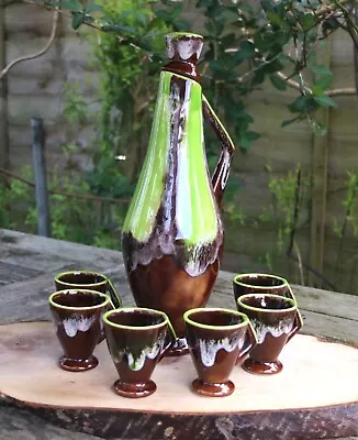 Buy Vintage Vallauris French Pottery Fat Lava Carafe Decanter With 6 Cups 1960s • 40.48£