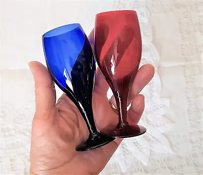 Buy Pair Of Vintage Miniature Wine Glasses Cobalt Blue & Ruby Red • 9£