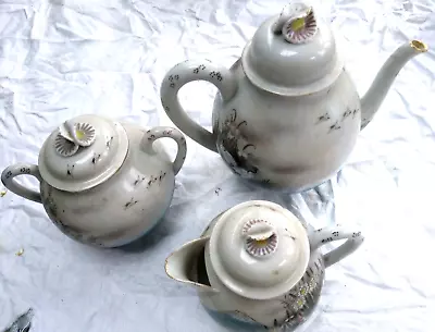 Buy Antique Teapot With Jug And Bowl With Oriental Stork Design • 16£
