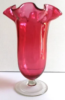 Buy Antique Lovely Hand-blown Cranberry Glass Vase With Ruffled Rim • 23.99£