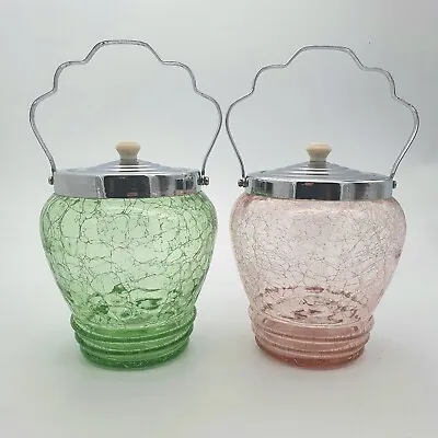 Buy Vintage Crackle Glass Biscuit Barrels Green Pink 1950's MCM Chrome Plated Pair • 49.95£