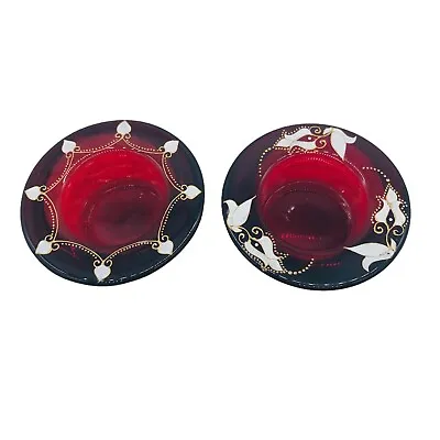 Buy 2 Round Red Glass Tea Light Candle Holders Flashed Hand Painted Floral Design • 9.46£
