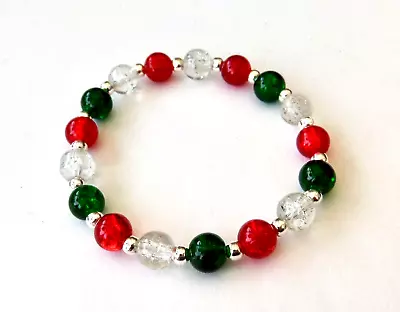 Buy Red Clear And Green Crackle Glass Beaded Elasticated Bracelet. • 3£