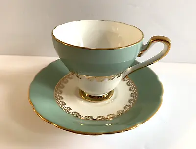 Buy Sutherland H&M Bone China Turquoise Green Gold Trim Tea Cup & Saucer • 18.96£