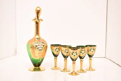 Buy SET 5 MURANO Cordial GLASSES Wine DECANTER TRES FUOCHI GOLD Venetian Vintage • 184.95£