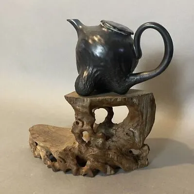 Buy Unusual Oriental Inspired Antique Organic Pottery Teapot & Carved Wooden Stand • 359£