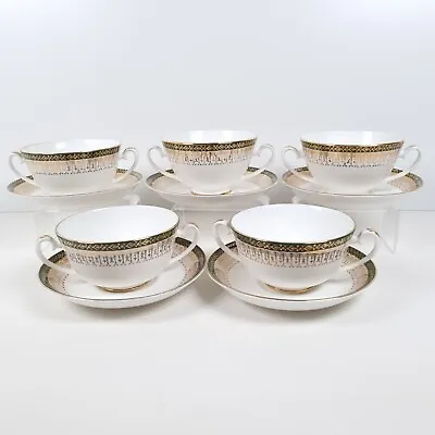 Buy Royal Grafton Majestic Footed Cream Soup Bowls & Saucers Green Vintage X 5 • 47.04£