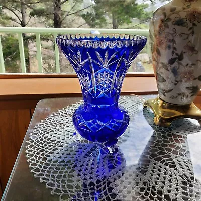 Buy Heavy  Cobalt Blue Handcut Cased Lead Crystal Vase Vintage, 1970's Italian Czech • 75.88£