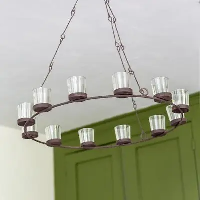 Buy Large Hanging Tea Light Chandelier W/ 12 Glass Candle Holders, Rustic Metal 55cm • 48£