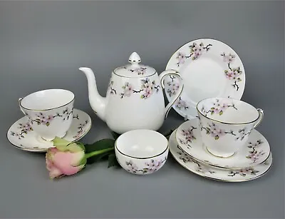 Buy Crown Staffordshire Tea Set For Two. Teapot Cups Etc. Pink Apple Blossom. VTG • 35.99£