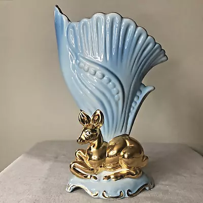 Buy Vintage Saxony Vase Gilt Gold Deer Pastel Blue Portuguese 1422 Kitsch Vase Retro • 9.99£