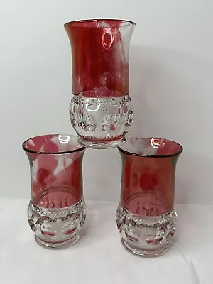 Buy 3 Cranberry Red Kings Crown Thumbprint Tumblers Iced Tea Glasses Indiana Glass • 19.26£