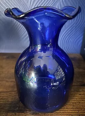 Buy Vintage  Art Glass  Cobalt Blue Ruffled Top Vase.  • 8.50£