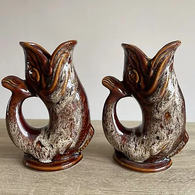 Buy Vintage Fosters Studio Pottery Gluggle Fish Vase/Jug Cornwall 19cm 2 Brown Retro • 37.99£