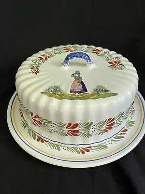 Buy HenRiot Quimper Round Covered Cheese Plate, Floral Border, Breton Woman On Lid • 55.03£