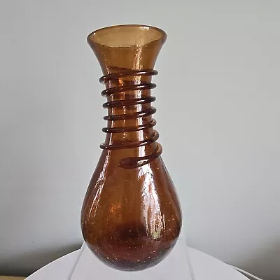 Buy Vintage Pilgrim Crackle Glass Vase Hand Blown Amber 7  Applied Ribbon Rigaree • 36.64£