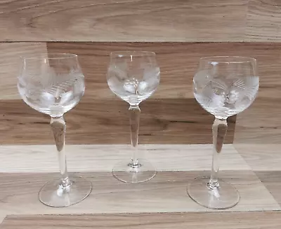 Buy 3 X Clear Crystal Glass Floral Etched Hock Wine Glasses 18cm Tall • 14.99£