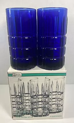 Buy 4 Anchor Hocking Tartan Cobalt Blue 16 Oz Heavy Drinking Glasses Tumblers USA • 28.46£