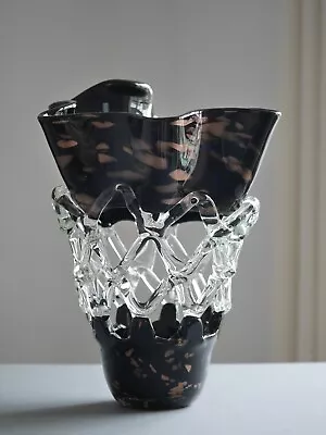 Buy Open Lattice Grid Art Glass Vase Murano (?) Clear Black Copper Sparkly Specs • 124£