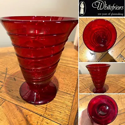 Buy WHITEFRIARS England Art Glass #9296 Powell Ruby Red Glass Ribbon Trail Vase 5.5  • 74.95£