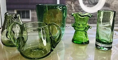 Buy 5 Vintage Green Art Glass Crackle Creamer Sugar Tumbler Curated Vase Signed • 20.43£