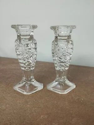 Buy Pair Of Vintage 1930s, Art Deco, Clear, Pressed Glass Candlesticks, 15cm Tall • 9.95£