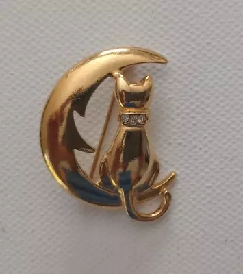 Buy Vintage Cat & Moon Brooch Gold Tone With Crystal Collar • 7.99£