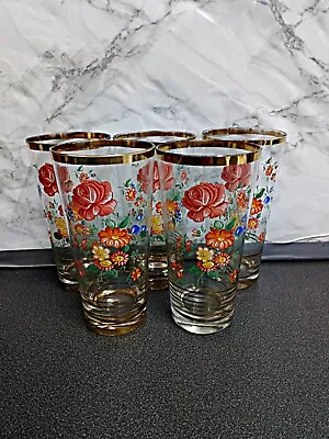 Buy Vintage Set Of 5 Highball Drinking Glasses Floral Rose And Gold Gilding • 15£