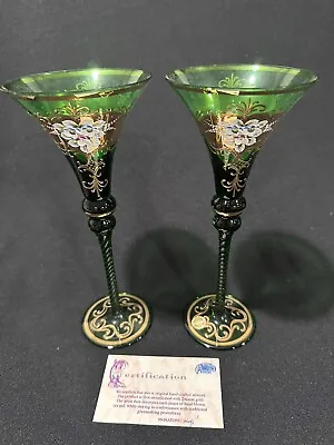 Buy TWO Green & 24carat Gold Czech Bohemian Twisted Stem Wine Glasses Hand Painted • 84.44£