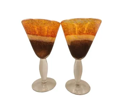 Buy 2 Vintage Heavy Hand Blown Bohemian Pier 1 Mexican Art Glass Wine Water Goblets  • 20.90£