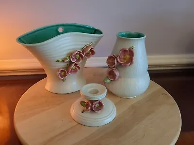 Buy Three Pieces Of Antique Bretby Pottery, Candle Holder, Vase And Wall Pocket • 5£