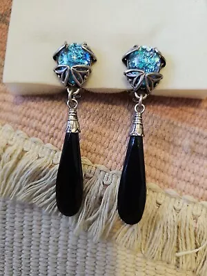 Buy Gorgeous Continental Silver French Jet Clip On Dangle Earrings With Art Glass • 20£