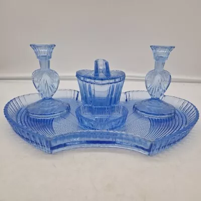 Buy Blue Glass Dressing Table Set: Tray, Candlesticks And Boxes Heart Motif • 14.99£