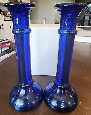 Buy Candlesticks Candle Holders Pair Vintage Cobalt Blue Pressed Glass 8  Inch MCM • 18.97£