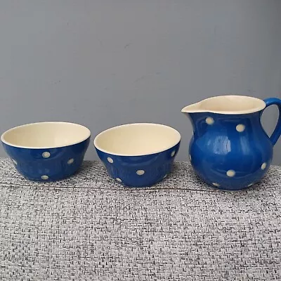 Buy Sandygate Pottery Blue Dotty Milk Jug And Two Small Dishes • 7.99£